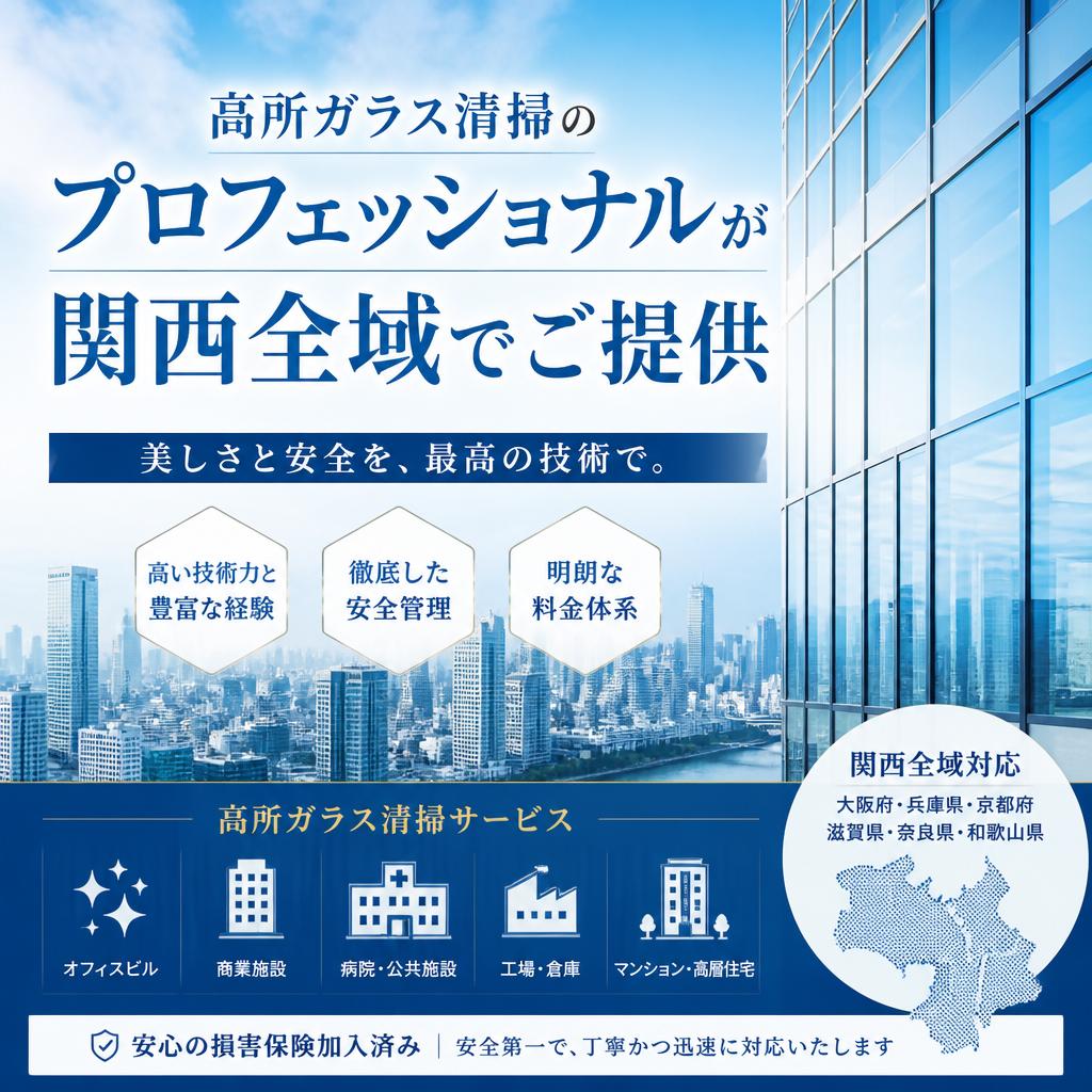 高所ガラス清掃のプロフェッショナルが関西全域でご提供