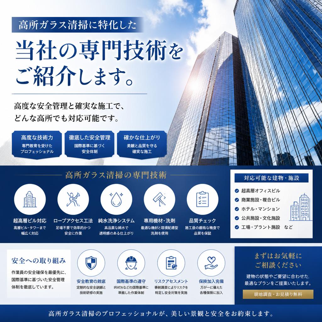 高所ガラス清掃｜専門技術で安心の施工