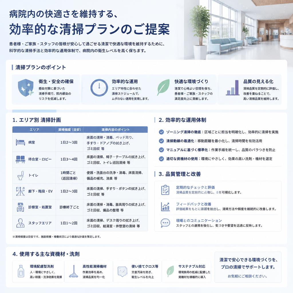 病院内の快適さを維持する、効率的な清掃プランを提案します。