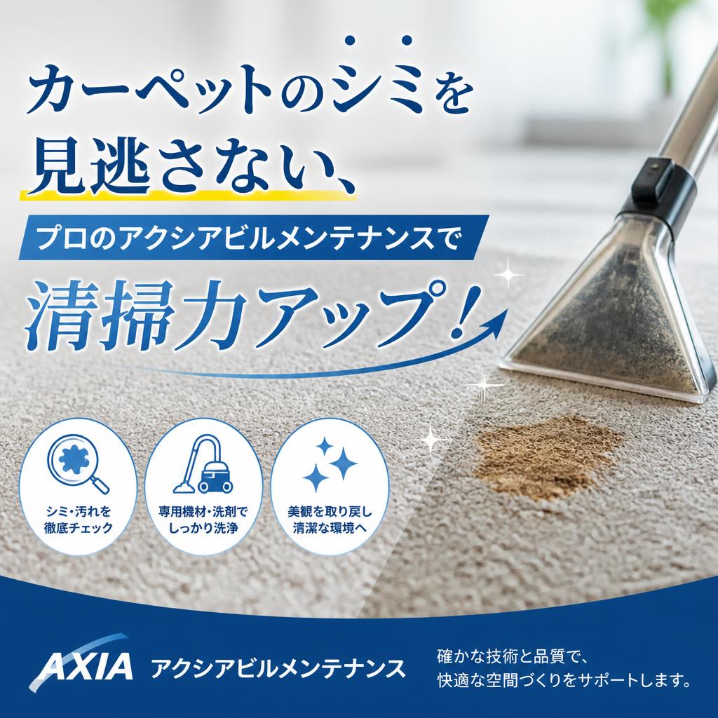 カーペットのシミを見逃さない、プロのアクシアビルメンテナンスで清掃力アップ！