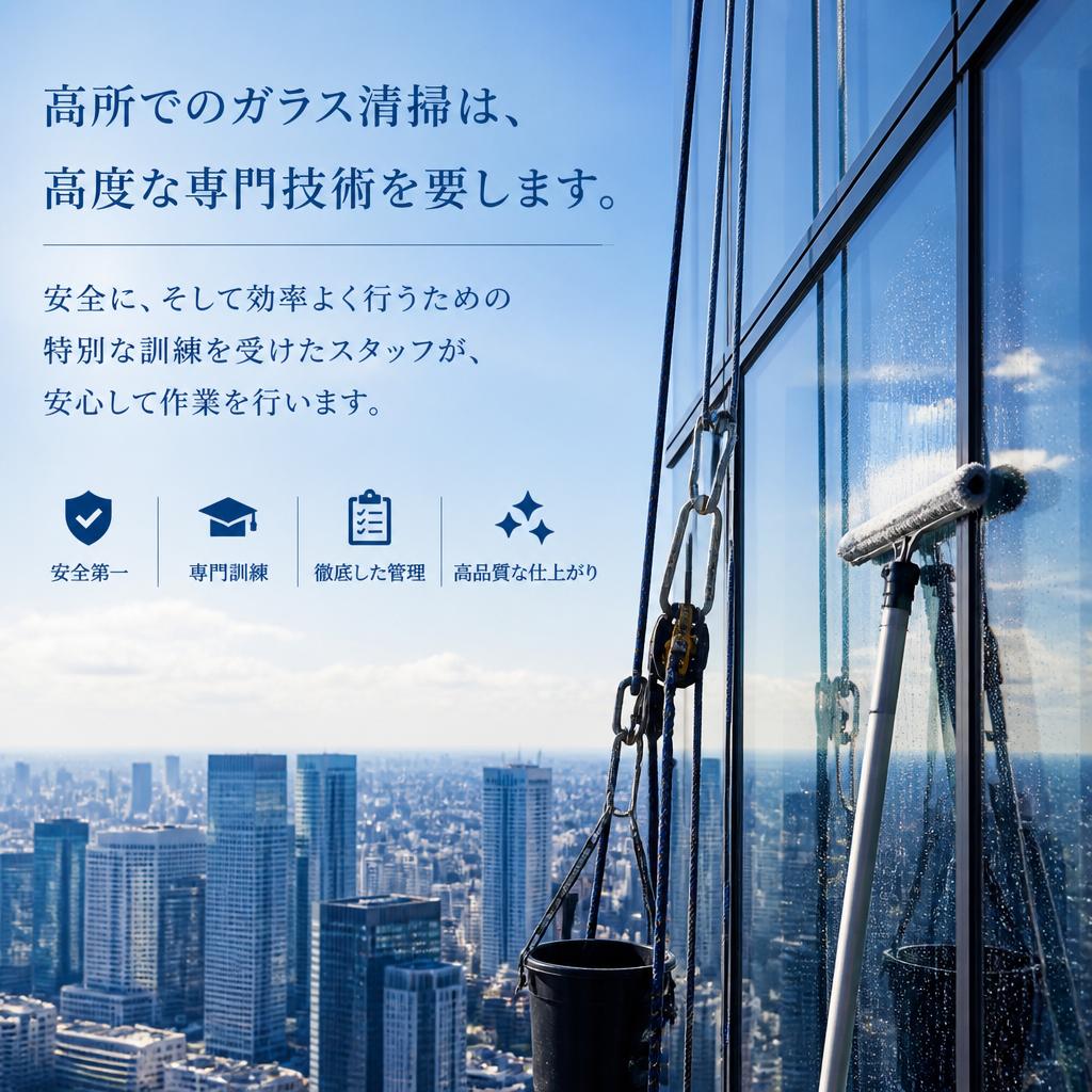 高所ガラス清掃の専門技術