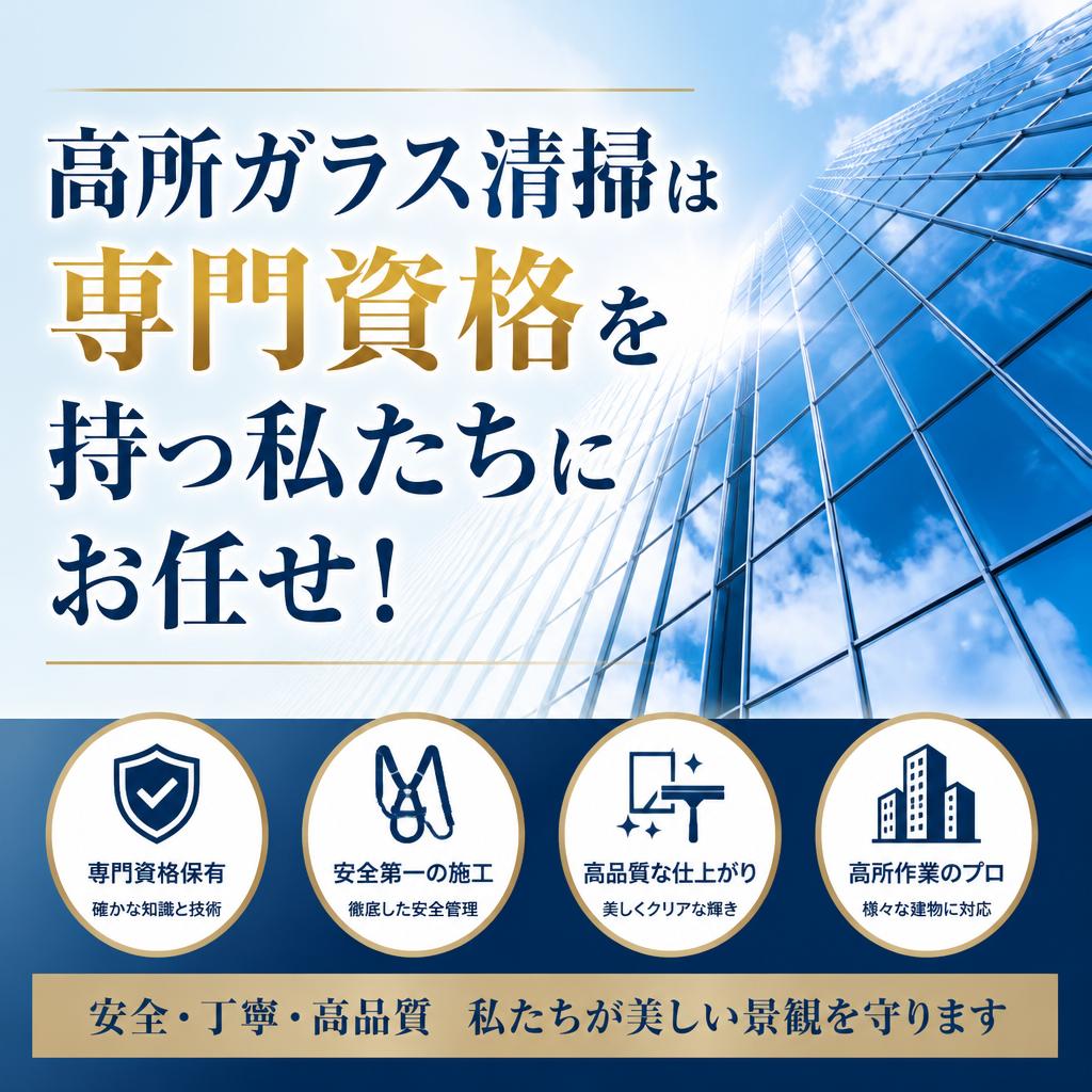 高所ガラス清掃は専門資格を持つ私たちにお任せ！